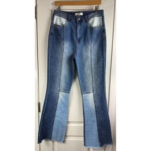 Madden NYC Juniors Patchwork Denim Flare Blue Jeans Size 11